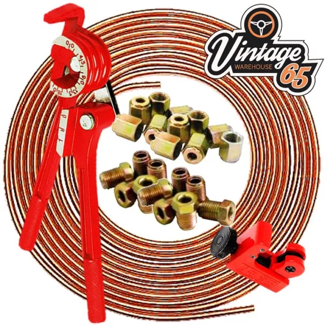 27pc Copper Brake Pipe Line 3/16" 25ft Cutter Male Female Nuts Bender Repair Set