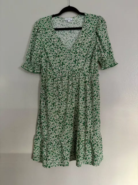 Luxology Women Dress L Green Floral Short Sleeve Ruffle Summer Elegant Easter