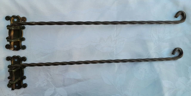 Swing Arm Curtain Rods Wrought Iron Pair with Brackets Twist & Curl Patina Rust