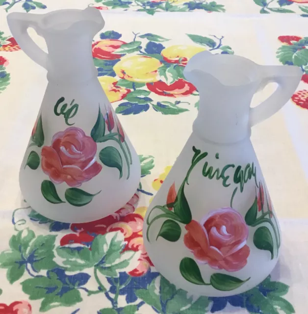 Vintage Hazel Atlas Frosted Glass Hand Painted Floral Oil & Vinegar Cruet Set