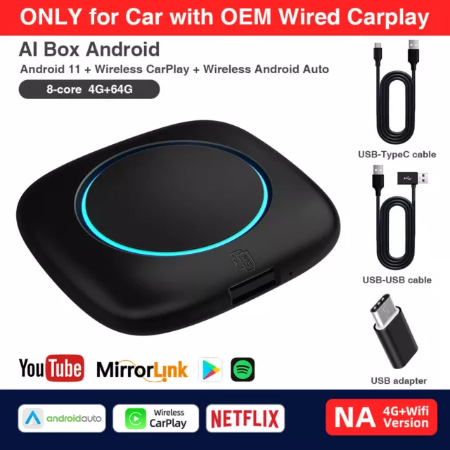 8-cores AI Box Wireless Carplay Android Auto Adapter Car Multimedia Video 64G