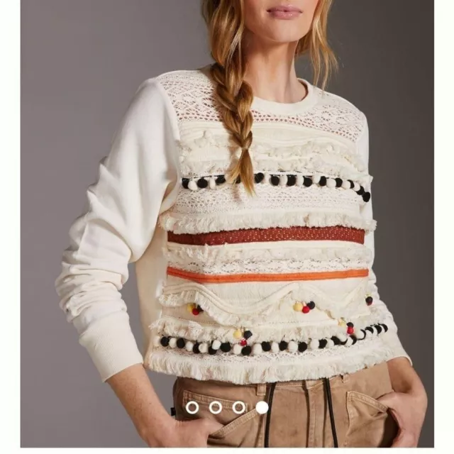 Anthropologie Forever That Girl Fringe Embellished PomPom Sweatshirt Top XS
