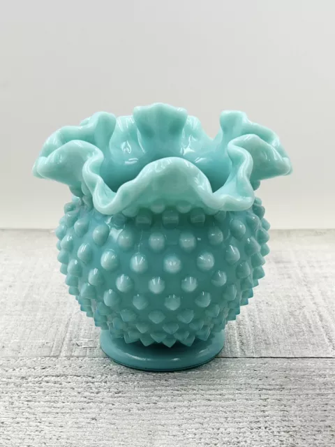 Vtg 1955 FENTON TURQUOISE Hobnail 4.5" DOUBLE CRIMP Vase Round Ruffled 2