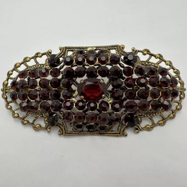 Vintage Art Deco Czech Gilt Brass Filigree Garnet Glass Rhinestone Brooch