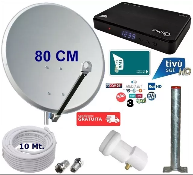 Kit Parabola Satellitare 80 Cm Con Decoder Tivusat HD Con Scheda Tessera Tv Sat