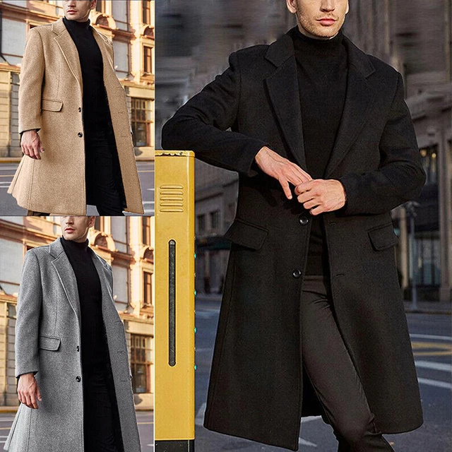 Mens Winter Trench Coat Long Jacket Lapel Neck Outwear Single Breasted Overcoat
