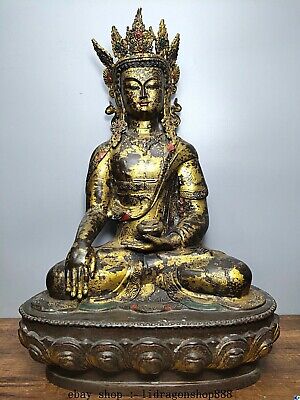 17,6" vieux bronze chinois doré siège Amitayus longévité dieu déesse Statue