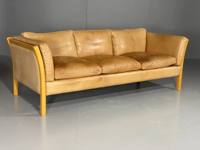 EB6370 Vintage Danish 3 Seat Sofa Tan leather Retro Mid Century Beech M3SS