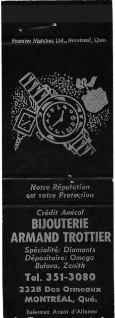 Montreal Canada Armand Trottier Jewelry Store Diamonds Vintage Matchbook Cover