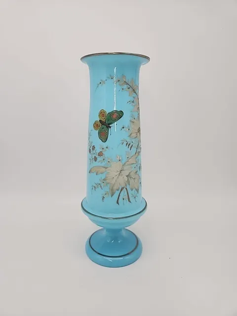 Antique Victorian BLOWN Blue Bristol Glass Vase Hand painted Flowers Butterfly
