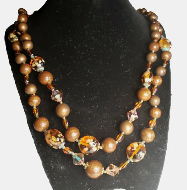 Vintage Art Deco Amber Tones Brown Glass Crystal Bead Necklace 2 Strands 22"