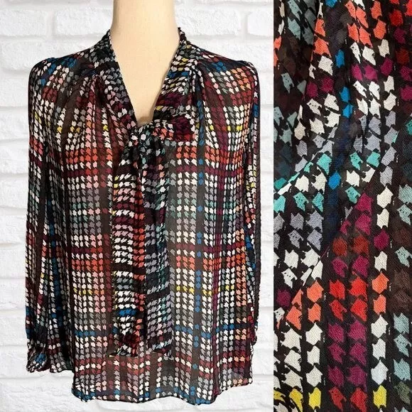 Shoshanna Colorful Tie Neck Blouse Long Sleeve Semi Sheer Size Medium Bow