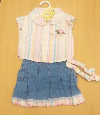 Girls 3 Piece Denim Skirt Set Pink Embroidered Rose Outfit Top Headband 2 Years
