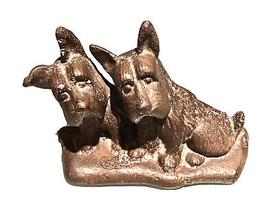 Antique Vintage Bronzed Cast Iron Two Dogs Terriers Door Stop Figurine Decor Old