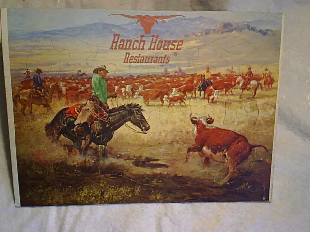 RANCH HOUSE RESTAURANTS TRAY PUZZLE,cowboys round up,hereford beef cattle,horse