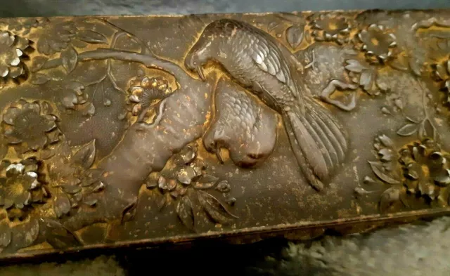 Antique MEIJI PERIOD JAPANESE REPOUSSE Bronzed EMBOSSED  Metal Box BIRD/FAUNA 3