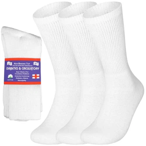 3 Pairs Cotton Diabetic Crew Socks Comfort & Support Men Women White 10-13