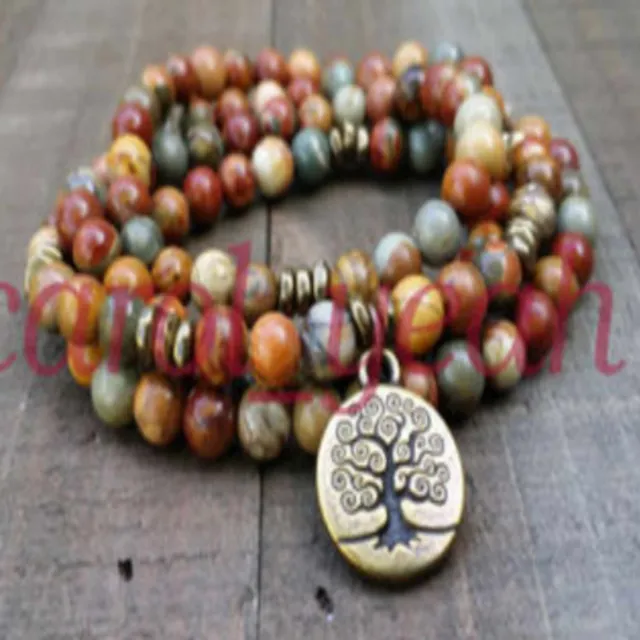 8mm Natural 108 PICASSO STONE beads tree pendant necklace Women Energy Choker