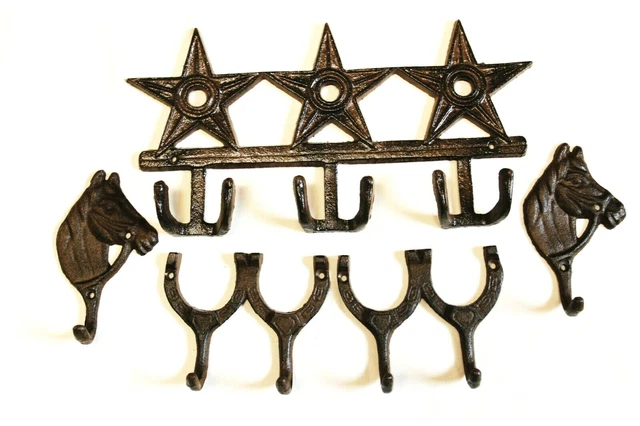 Cast Iron Western Country Barn Star Design Coast Hooks Set / Wall Mounted