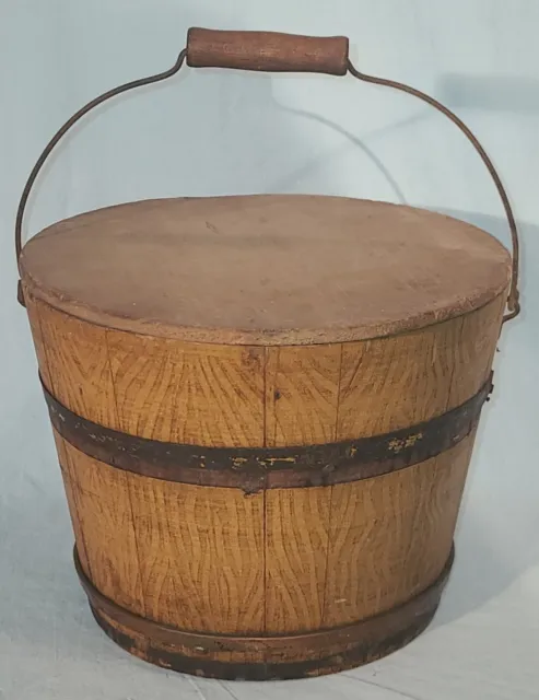 Early Primitive Wooden Bucket w/ Lid & Handle, Maple Syrup Sap Bucket (?) , 1/2