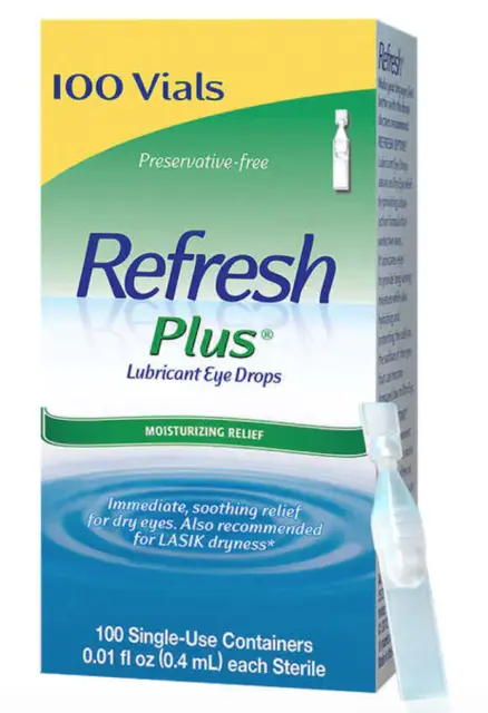 Refresh 100 ct Plus Lubricant Eye Drops Single Use Containers, EXP 12/2024+