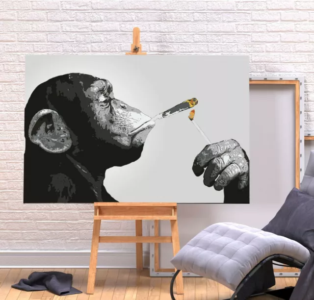Banksy Monkey Chimp Spliff - Deep Framed Canvas  Wall Art Picture Print - Grey
