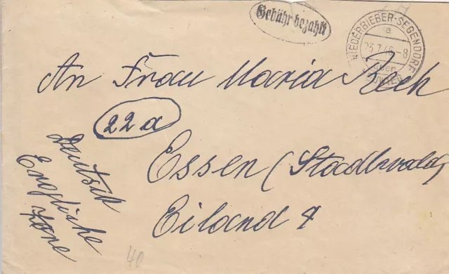 F.Zone - NIEDERBIEBER - SEGENSDORF  - Gebühr bezahlt - Brief - 1946