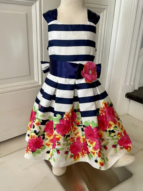 Bonnie Jean Toddler Navy Blue Pink Floral Striped Dress 2/2T Easter Flower Girl