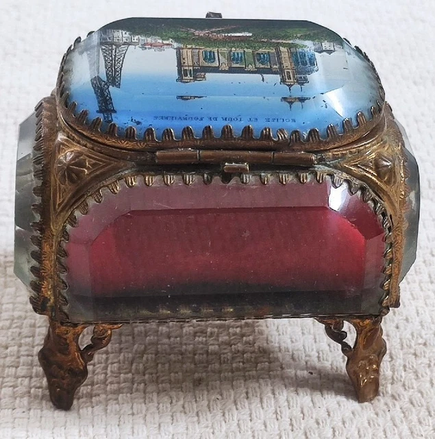 Boîte à Bijoux Ancienne En Laiton Et Verre Biseauté - Motif Église De Fourvière - Occasion
