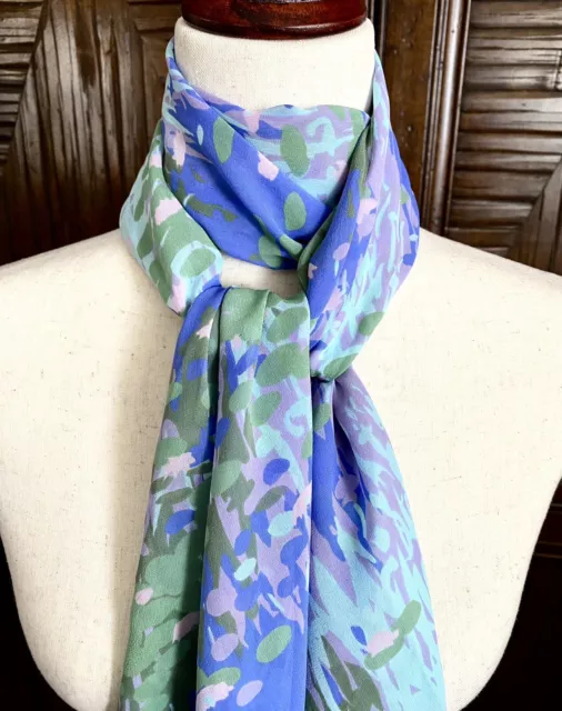 100% Silk Scarf Soft Blues Greens Hint of Pinks Pastels Hand Rolled Edge Edges