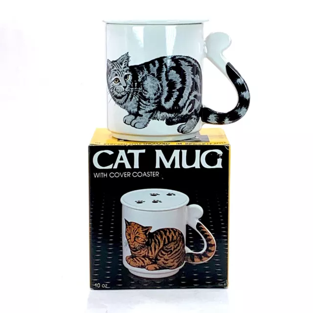 Cat Mug with Cover Coaster VINTAGE Original Box Gray Tabby Japan 1986