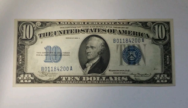 1934 A 10 Dollar Silver Certificate Choice CU B01184200A