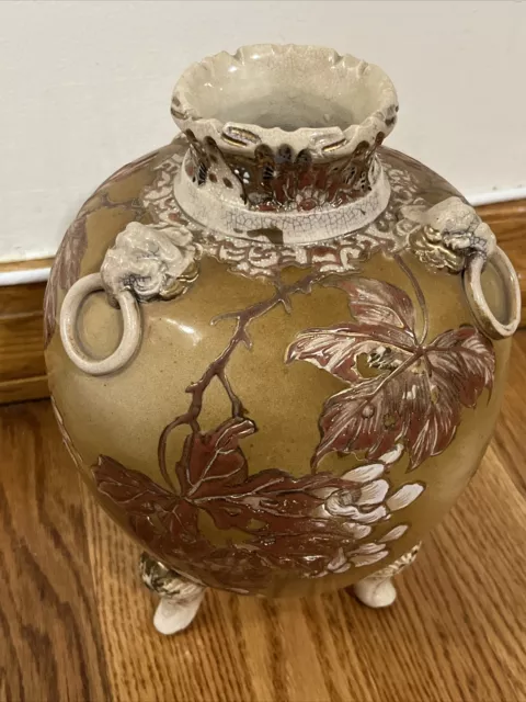 Large 10 " Nippon Moriage 3 Handle Vase Urn Hand Painted Brown gold leaves.