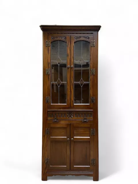 Vintage Old Charm Oak Corner Cabinet / Tudor Brown Finish / Internal Lighting