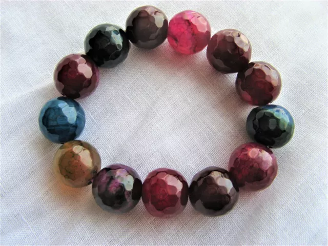 Multicoloured Agate, golfball faceted large bead gemstone bracelet 361cts.   NEW