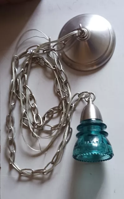 1 of 2 Antique Glass Insulator Pendant Light Brushed Nickel 8ft Chain(BlueGreen)