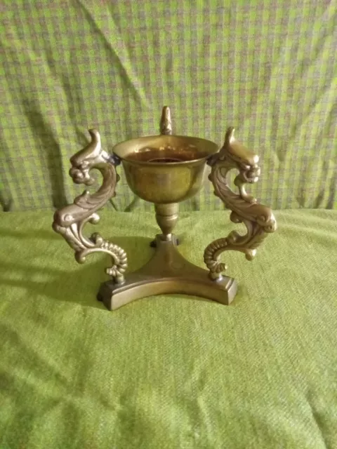 Solid Brass Metal Oriental Dragon Sea Horse Candle Holder Handcrafted