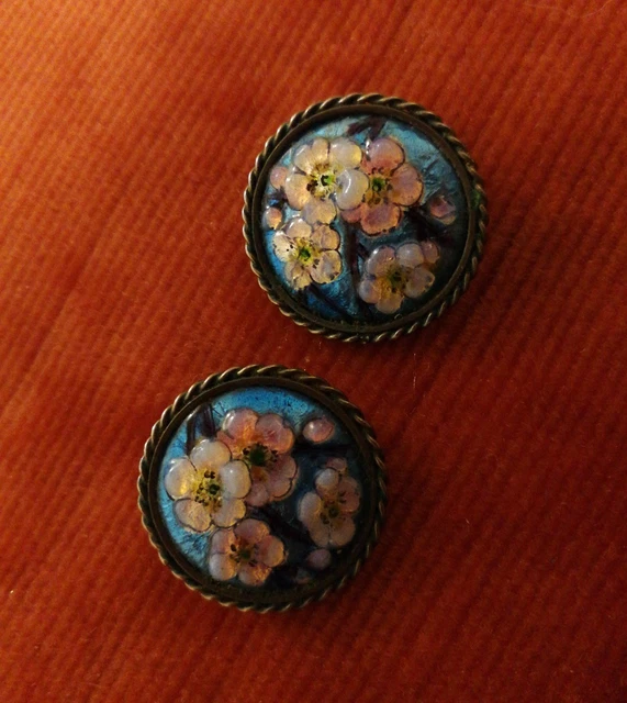 Boucles D'oreilles Vintage En émail De Limoges – Paire Unique, Signée, Clips Métal Noir
