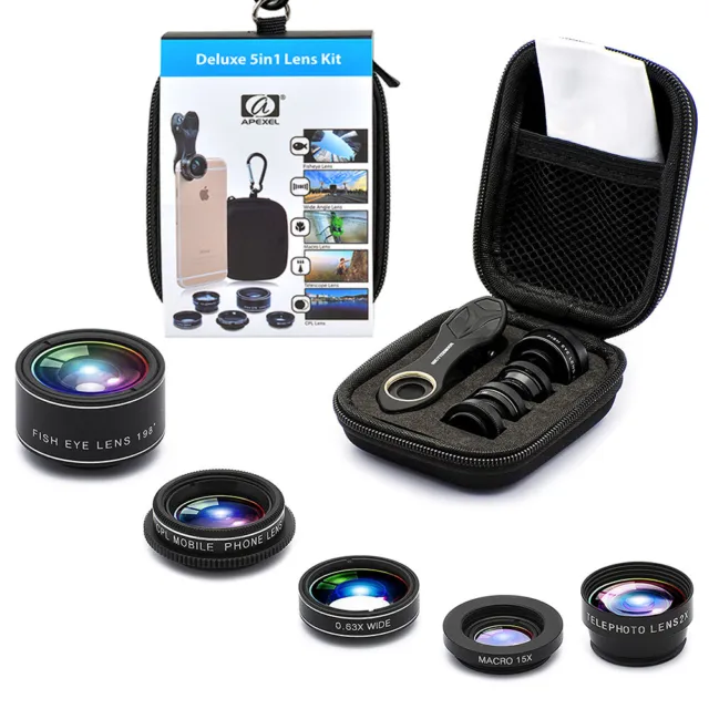 APEXEL Cell Phone Camera Lens Kit Macro & Fish eye & Wide For iPhone Smartphone