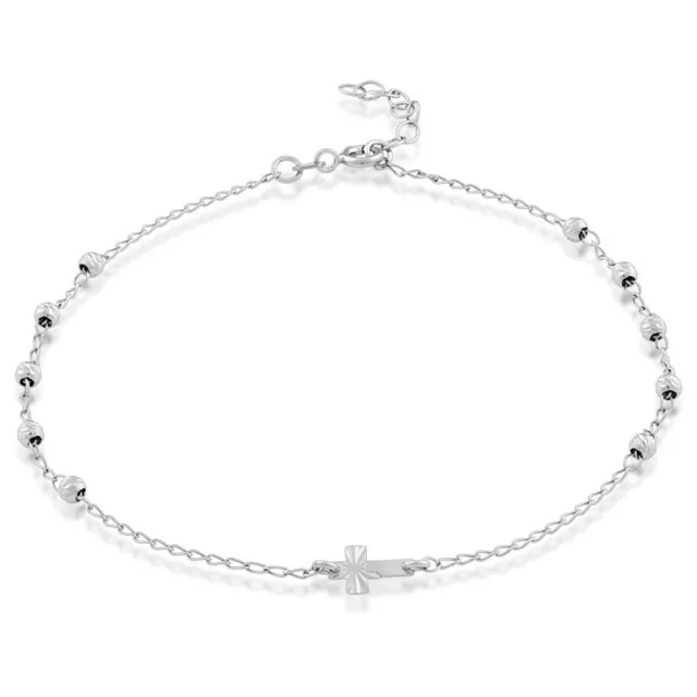 Sterling Silver Diamond Cut Beads with Small Center Cross Anklet