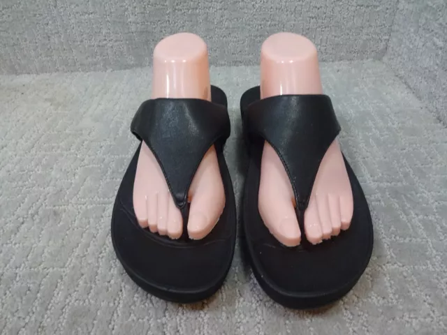 Fitflop Lulu Womens Size 11 Black Leather Wedge Thong Flip Flops Sandals 288-001