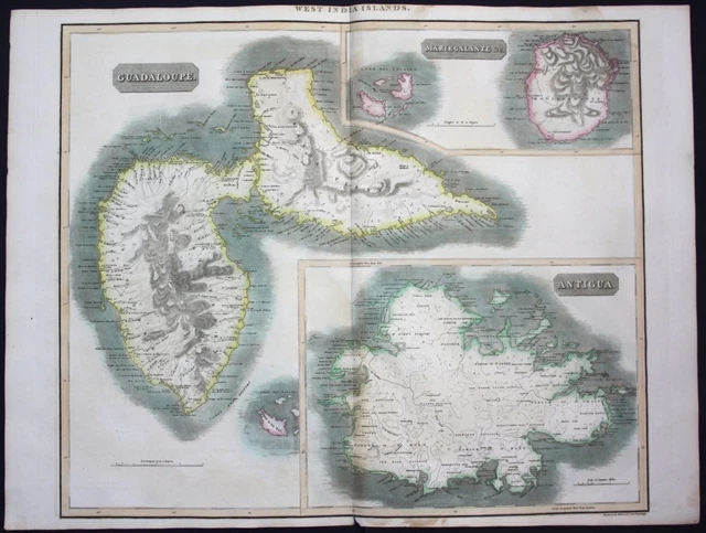 1817 West Indies Guadeloupe Antigua Marie Galante island map Karte Thomson