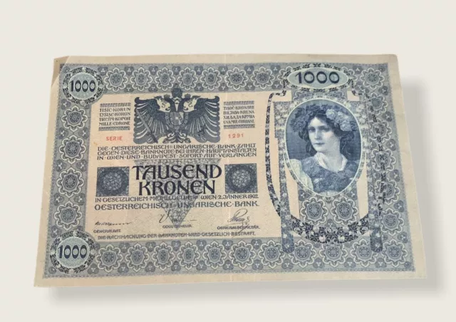 Preowned- Austro-Hungary 1000 Tausend Kronen 1902 Banknote
