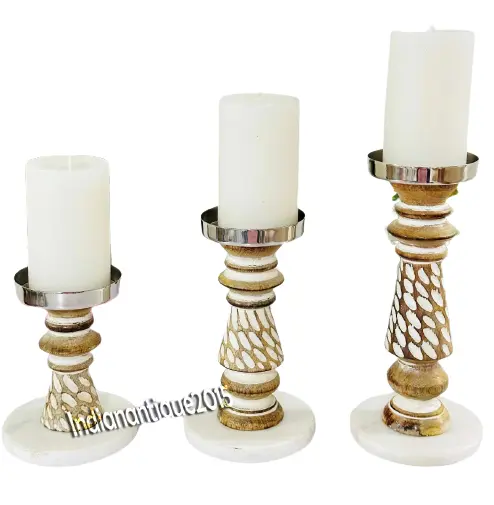 Pillar Candle Holders- Rustic White Hand Carved Mango Wood Candle Holders
