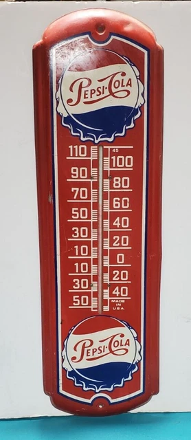VINTAGE Pepsi Cola Thermometer 27” Metal Sign Red Bottle Cap Advertising Works
