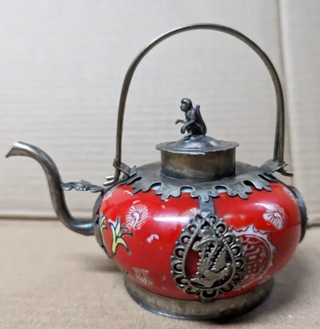 Red Ceramic and Metal Decoration Monkey Lid Far Eastern Tibetan Chinese Tea pot