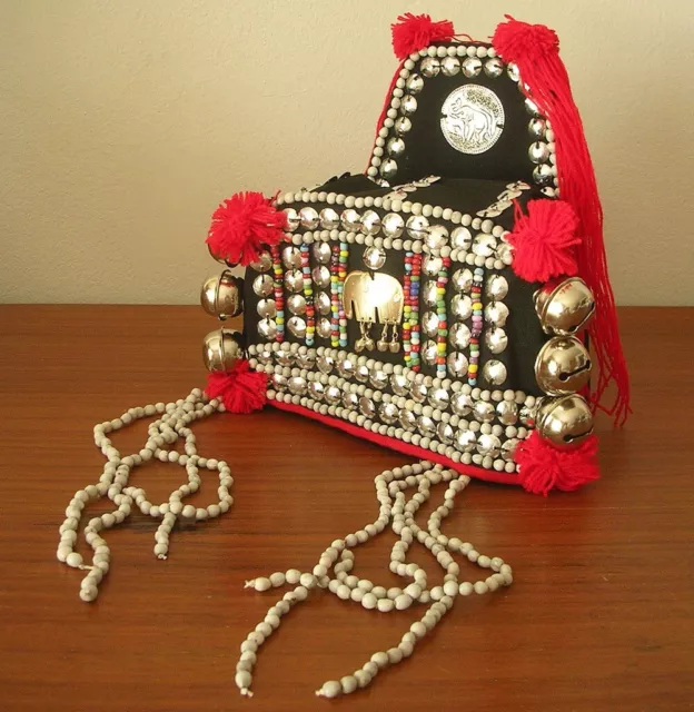 Thai Akha Village Headdress Hat Souvenir Embroidered Elephant Bells Beads Shells