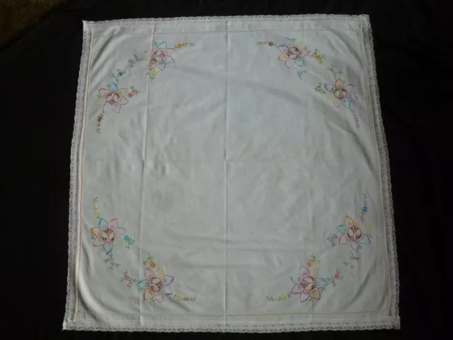 A Lovely Vintage Cotton Lace Edged Hand Embroidered Square Table Cloth