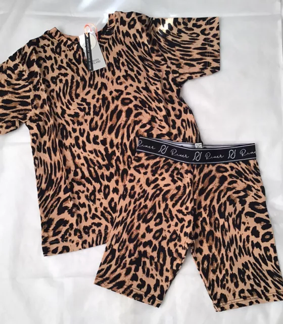 Set pantaloncini da ciclismo mini ragazze età 9-12 mesi stampa leopardata River Island nuovi con etichette
