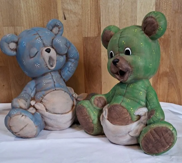 Vtg Pair Kimple Mold Corp Ceramic Baby Bears, Rare Green Bear, 1987 Blue Bear